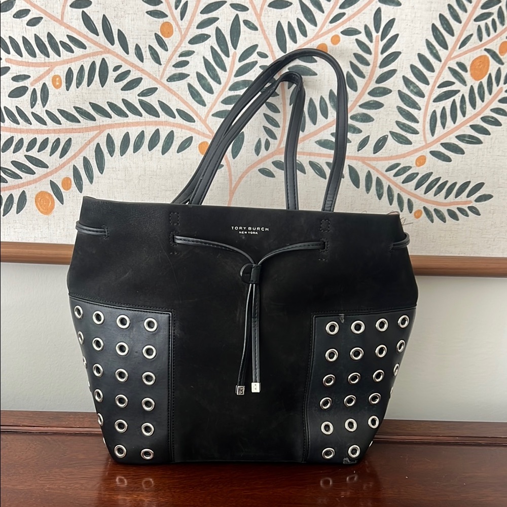 Tory Burch Black Structured Tote with Silver Accents